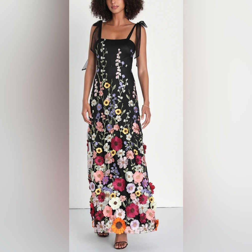 Lulu's Thriving Poise Black 3D Floral Embroidered Tie-Strap Maxi Dress Swift